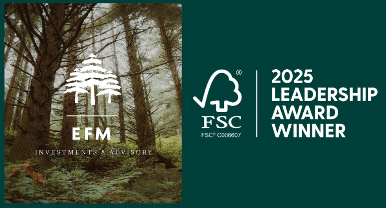 A forest scene with the EFM Investments & Advisory logo on the left. On the right, the FSC logo appears above the text “2025 Leadership Award Winner,” all set against a green background.